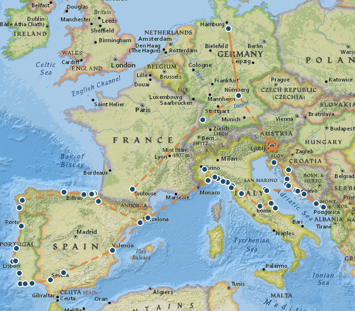 Reiseroute durch Europa – über 50 Stationen von Salzhausen bis Portugal